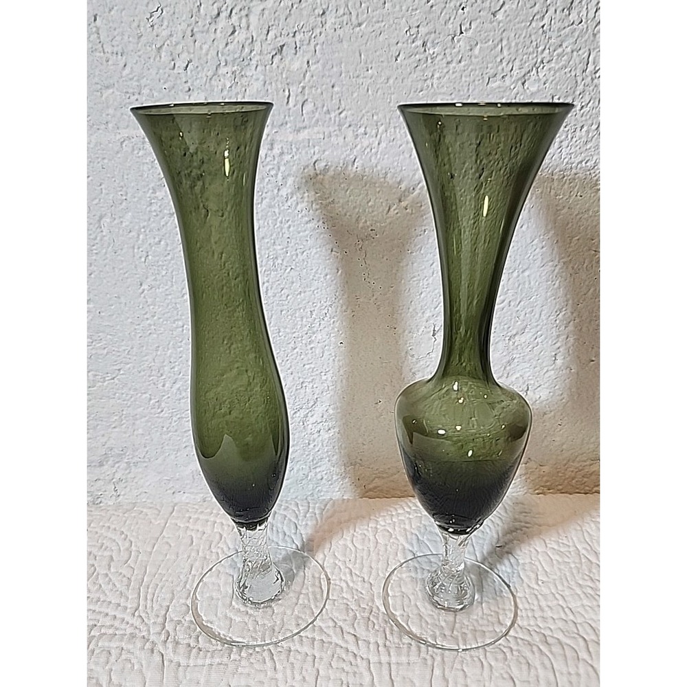 2 Hand Blown Smoky Olive Green Glass Clear Footed Swirl Stem Single Bud Vases